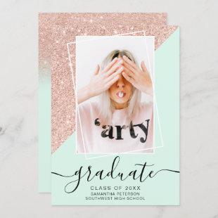 Rose Glitter mint graduate photo block graduation Invitation