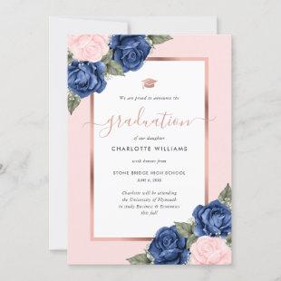 Rose Gold Blush Pink Blue Floral Graduation Announcement