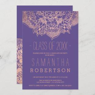 Rose gold boho floral mandala purple graduation invitation