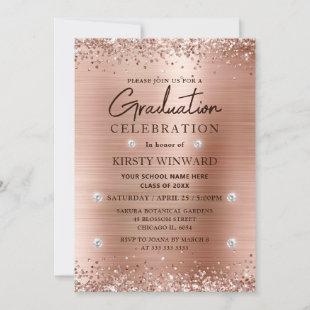 Rose Gold Brushed Metal and Glitter Graduation Invitation
