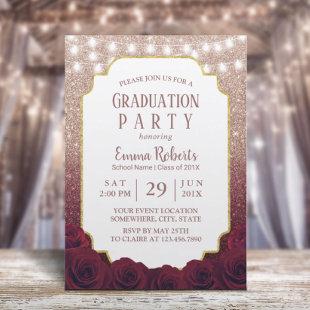 Rose Gold & Burgundy Red Glitter Ombre Graduation Invitation