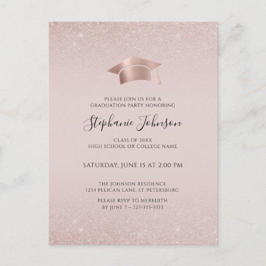 Rose Gold Cap and Tassel Blush Pink Grad Party Invitation Postcard