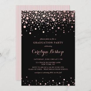 Rose Gold Confetti Black Graduation Party Invitation