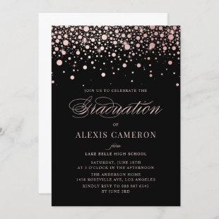 Rose Gold Confetti Black Graduation Party Invitation