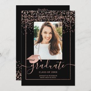 Rose gold confetti black typography graduation invitation