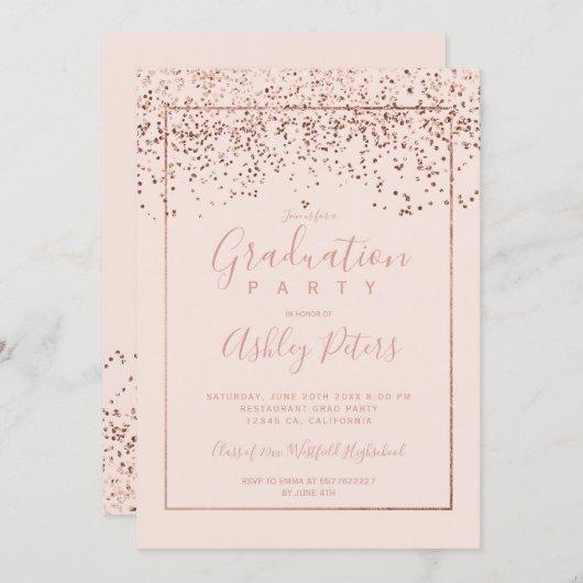 Rose gold confetti blush pink script graduation invitation