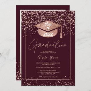 Rose gold confetti burgundy script graduation invitation