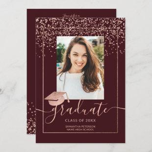 Rose gold confetti burgundy typography graduation invitation