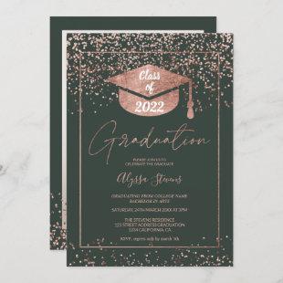 Rose gold confetti green script graduation invitation