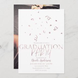 Rose Gold Confetti Modern Graduation Party Photo Invitation