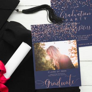 Rose gold confetti navy blue chic graduation photo announcement