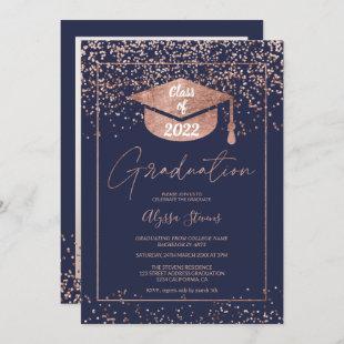 Rose gold confetti navy blue script graduation invitation