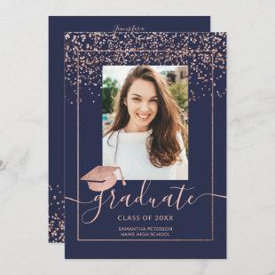 Rose gold confetti navy blue typography graduation invitation