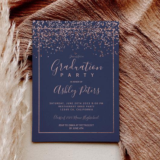 Rose gold confetti navy blue typography graduation invitation