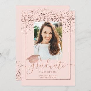 Rose gold confetti pink typography graduation invitation
