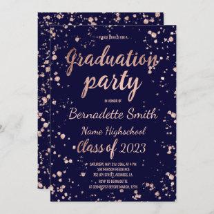 Rose gold confetti splatters navy graduation party invitation