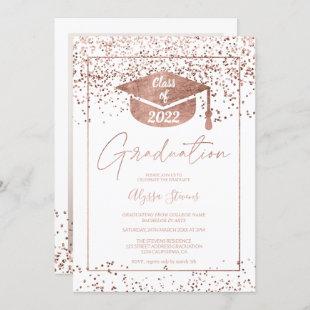 Rose gold confetti white script graduation invitation