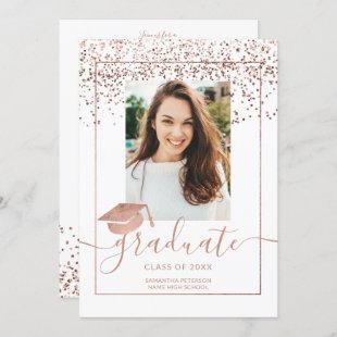 Rose gold confetti white typography graduation invitation