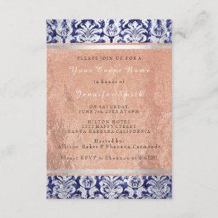 Rose Gold Copper Silver Blue Damask Bridal 16th Invitation
