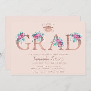 Rose gold floral letter blush pink graduation invitation