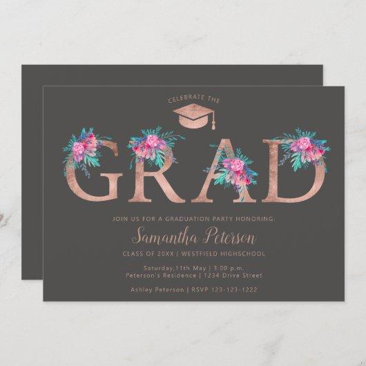 Rose gold floral letter gray graduation invitation