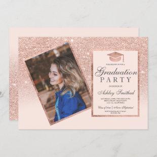 Rose gold frame blush ombre photo graduation invitation