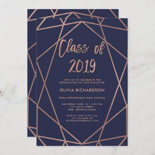 Rose Gold Geometric on Navy Blue Graduation Party Invitation