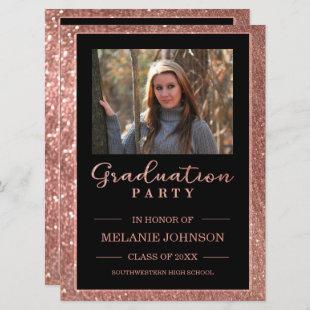 Rose Gold Glitter and Black Graduation Invitation