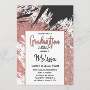Rose Gold Glitter Black Brushstroke Graduation Invitation