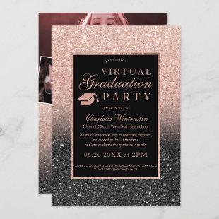 Rose gold glitter black photos virtual Graduation Invitation