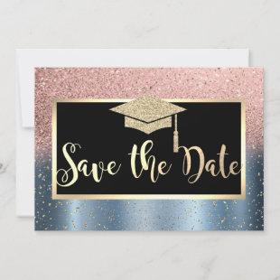 Rose Gold Glitter Blue Graduation Save The Date