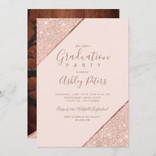 Rose gold glitter blush pink photo graduation invitation