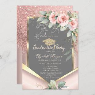 Rose Gold Glitter Blush Roses Graduation Invitation