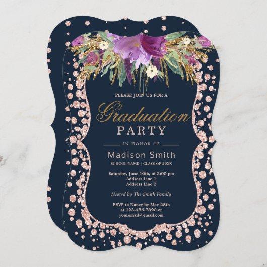 Rose Gold Glitter Confetti Glam Floral Grad Party Invitation