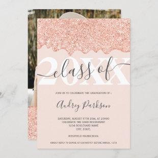 Rose gold glitter drips photo pink 2020 graduation invitation