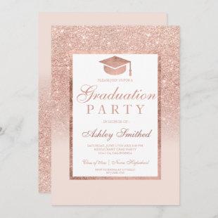 Rose gold glitter elegant Graduation cap party Invitation