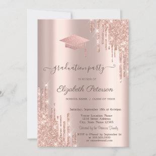 Rose Gold Glitter Grad Cap Drips  Invitation