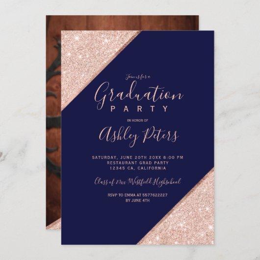 Rose gold glitter navy blue photo graduation invitation