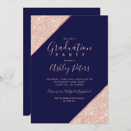 Rose gold glitter navy blue typography graduation invitation