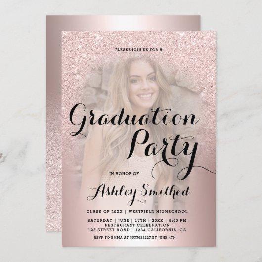 Rose gold glitter ombre metallic photo graduation invitation