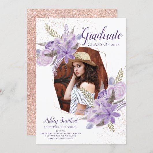 Rose gold glitter purple floral photo graduation invitation