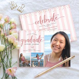 Rose gold glitter script graduation photo collage invitation