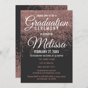 Rose Gold Glitter Sparkles Black Graduation Invitation