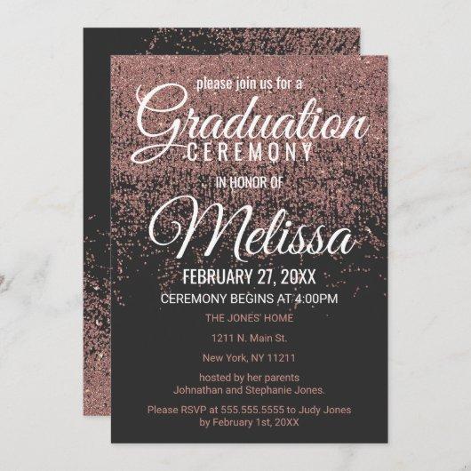 Rose Gold Glitter Sparkles Black Graduation Invitation