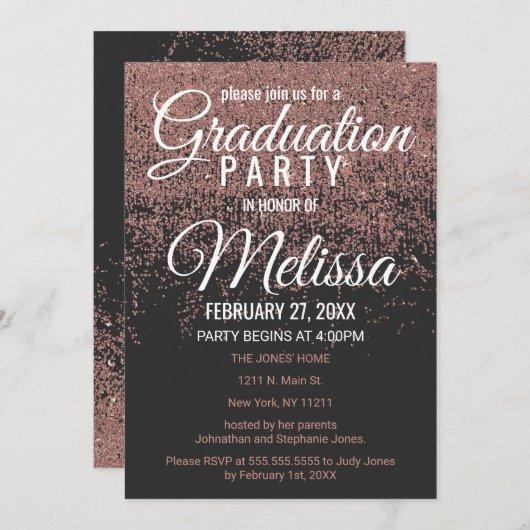 Rose Gold Glitter Sparkles Black Graduation Party Invitation