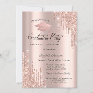 Rose Gold Grad Cap Glitter Drips,Graduation Invitation