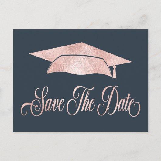 Rose Gold Graduation Cap Save The Date Blue Announcement Postcard