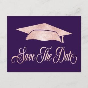 Rose Gold Graduation Cap Save The Date Purple Announcement Postcard