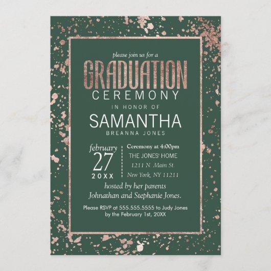 Rose Gold Green Paint Splatters Graduation Invitation