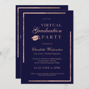 Rose gold navy blue photos virtual Graduation Invitation